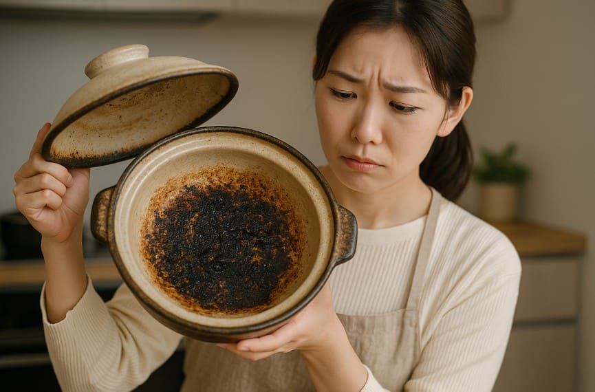 土鍋を日常的に使っていると、いつの間にか底や内側にひどい焦げつきができてしまうことがあります。

特に炊飯などでお米がこびりついた後や、調理中に火加減を誤って焦げができた場合には、見た目も悪く衛生的にも心配になるものです。

本記事では、土鍋の内側はもちろん、外側の焦げまでしっかり対応できる方法を紹介します。

陶器特有の素材に配慮しながら、重曹とクエン酸を使った効果的な焦げ落としのテクニックや、重曹以外の代替アイテムも取り上げています。さらに、取れない頑固な焦げに対する応急処置法や、仕上げの掃除に便利なメラミンスポンジの活用法も解説。

どうしても落ちない場合に備えて、買い替えを検討すべきタイミングについても触れています。

焦げ落としで大切なのは、素材を傷めず、再発を防ぐ正しい手順を知ることです。この記事を参考にすれば、長く美しく土鍋を使い続けるための具体的な対策がわかるはずです。

この記事のポイント

焦げの原因に応じた適切な洗浄方法

重曹やクエン酸など洗浄成分の使い分け

土鍋の内側・外側・素材別の焦げ対策

焦げが落ちない場合の対処法や買い替え基準

土鍋についた焦げの取り方と注意点

土鍋のひどい焦げつきの落とし方

重曹とクエン酸のどちらがいい？

重曹で土鍋の焦げが取れない場合の対策方法

陶器の焦げ跡はどうやって落とす？

土鍋の焦げが取れないときの対処法

土鍋外側の焦げを落とす方法

土鍋のひどい焦げつきの落とし方

土鍋の内側にこびりついたひどい焦げつきは、見た目にも衛生面でも気になるものです。こうした焦げを効果的に落とすには、まず焦げの性質を理解し、土鍋の素材に適した方法を選ぶことが重要です。

基本的には、焦げの原因となった食材が酸性かアルカリ性かを見極め、それに応じて重曹やクエン酸、お酢などを使い分けます。焦げが広範囲にわたる場合は、土鍋に水を八分目まで入れ、重曹またはクエン酸を適量加えて中火で10分程度加熱します。

その後火を止めて一晩放置し、焦げが柔らかくなったタイミングでスポンジや柔らかいたわしで優しくこすり落とします。金属たわしは土鍋を傷つける原因になるため避けましょう。焦げが落ちにくい場合は、この手順を数回繰り返すことで、ほとんどの汚れは除去できます。

重曹とクエン酸のどちらがいい？

焦げを落とすために使われる代表的なアイテムに「重曹」と「クエン酸」がありますが、それぞれ異なる性質を持ち、得意とする汚れが異なります。重曹は弱アルカリ性の性質を持っており、肉類やご飯など、主に酸性食品が原因となる焦げ付きに対して高い効果を発揮します。これにより、調理中に発生しやすい酸性由来の焦げを効率的に除去することができます。

一方で、クエン酸は弱酸性であり、野菜や海藻といったアルカリ性食品による焦げ付きの除去に向いています。アルカリ性由来の汚れに対しては、クエン酸の酸性成分が中和反応を引き起こし、焦げを柔らかくして取り除きやすくするというメカニズムです。つまり、どちらが「いいか」は一概に言えず、焦げの原因や汚れの性質によって適切なものを選ぶ必要があるということになります。

さらに、重曹を使用する際には、60度以上の温度で加熱することで化学変化を起こし、泡立ちとともに汚れを浮かせる効果が増します。この加熱による反応を利用することで、焦げ付きに対してより高い洗浄力を期待できます。クエン酸に関しては、使用時に独特のにおいがほとんどなく、使用後も衛生的な仕上がりになるというメリットがあります。

状況や焦げの種類に応じて、重曹とクエン酸を使い分けることで、土鍋の材質や風合いを損なうことなく、効果的に焦げを取り除くことができます。これにより、土鍋本来の美しさと性能を長く保つことができるのです。焦げの度合いや発生源を見極める力があれば、適切な洗浄方法を選びやすくなり、より効率的で無駄のない掃除が可能となるでしょう。

重曹で土鍋の焦げが取れない場合の対策方法

重曹を使っても焦げが落ちない場合には、いくつかの要因が考えられます。まず、最もよくある原因の一つが、使用量の不足です。焦げが広範囲にわたっている場合には、重曹の量が相対的に少ないと十分な効果が得られません。また、加熱時間が短すぎることも、洗浄力を低下させる要因となります。重曹は温度によってその化学反応の性質が変わるため、加熱が不十分な状態では、効果を発揮しきれないのです。

さらに、焦げが何日も放置されていたり、加熱により完全に炭化してしまっている場合、重曹を使用するだけでは焦げがほとんど反応せず、落とすのが難しくなります。こうした場合には、単に一晩放置するだけではなく、「焦げを乾燥させてから再加熱し、柔らかくしてこする」といった段階的なアプローチが有効です。特に、完全に乾いた状態にしてから再加熱すると、焦げが浮いてきやすくなり、ブラシやスポンジでも落としやすくなります。

もう一つの方法として、重曹をペースト状にして焦げ部分に塗布し、その上からラップをかけて数時間から半日ほど放置する方法もあります。この方法では、ラップによって湿気が逃げにくくなり、焦げがより効率的に軟化します。放置後にやわらかくなった焦げをスポンジで優しくこすり取ると、比較的簡単に除去できることが多いです。

このようにして重曹による焦げ落としを終えたあとは、土鍋の「目止め」を行うことも忘れないようにしましょう。目止めを行うことで、土鍋の表面の微細な穴をでんぷん質などで塞ぎ、今後の焦げ付きやひび割れを予防する効果があります。重曹使用後の土鍋は特に吸水性が高くなっていることが多いため、目止めを行うことで土鍋の寿命を延ばすことにもつながります。

陶器の焦げ跡はどうやって落とす？

陶器の焦げ跡をきれいに落とすには、まず表面を傷つけずに柔らかくする工程が必要です。陶器は吸水性が高く、強い洗剤や研磨剤を使うとダメージを与える恐れがあるため注意が必要です。

焦げを柔らかくするには、ぬるま湯に数時間、または一晩浸け置くのが基本です。それでも落ちない場合は、クエン酸を溶かした水を使って10分程度煮沸し、そのまま冷めるまで放置すると、焦げが浮いてきやすくなります。

焦げ跡が薄くなったら、柔らかいスポンジや天然素材のたわしを使ってやさしく擦り取ります。仕上げに水でしっかりすすぎ、完全に乾燥させることで、カビの発生も防げます。繰り返しますが、金属製たわしや強力な研磨剤の使用は避けてください。

土鍋の焦げが取れないときの対処法

焦げが何度掃除しても取れない場合は、いくつかの段階的なステップを試すことが重要です。まず考えられる原因として、焦げが加熱と時間の経過により炭化しているケースがあります。このような状態では、通常の洗浄ではなかなか除去できません。

この場合、焦げ部分をまずしっかりと乾燥させ、その後弱火で土鍋全体を再加熱し、徐々に冷却するという「乾燥→加熱→冷却」のプロセスを試してみましょう。この工程によって、焦げが炭のように浮き上がり、鍋肌から自然に剥がれやすくなることが期待できます。焦げが浮いてきた段階で、無理にこすらず、自然に剥がれた部分から丁寧に取り除くのがコツです。

その後、柔らかいブラシやメラミンスポンジを使用して、優しくこすり落とす方法が推奨されます。メラミンスポンジは細かな凹凸にも入り込みやすいため、炭化した焦げにも一定の効果が見込めます。ただし、強くこすりすぎると土鍋の表面を傷つける可能性があるため、力加減には十分注意しましょう。

これでも焦げが落ちない場合は、重曹と酢を交互に使用する方法が有効です。まずは重曹を水に溶かして加熱・放置し、焦げを軟化させます。その後に水を取り替え、酢を加えて再度加熱・放置します。ただし、重曹と酢を同時に混ぜると化学的に中和し、どちらの成分の洗浄効果も弱まってしまうため、必ず「交互に使う」ことがポイントです。

それでも改善が見られない場合、土鍋自体の釉薬が劣化している可能性が考えられます。釉薬の劣化により、汚れが土鍋に染み込みやすくなり、通常の手入れでは対処しきれなくなるのです。このような状態が続く場合には、無理に使用を続けるよりも、安全性と衛生面を考慮して、思い切って買い替えを検討することも必要です。

土鍋外側の焦げを落とす方法

土鍋の外側に付いた焦げやススは、内側のように水に浸けて置くといった方法が難しいため、別の対処法を取る必要があります。まずは、鍋を一度天日干しして十分に乾燥させることから始めましょう。太陽光による乾燥は焦げやススを浮かび上がらせる効果があり、次の作業を効率的に進める助けになります。しっかりと乾いた後に、柔らかいブラシや歯ブラシなどで焦げを軽く擦り落とします。この時、土鍋の表面を傷つけないように注意し、優しく擦ることが重要です。

それでも汚れが残る場合には、重曹を水と混ぜてペースト状にし、焦げが気になる部分にたっぷり塗ります。さらに、その上からラップでしっかり覆い、湿度を保った状態で1時間程度放置します。ラップで密閉することで重曹の効果が持続し、焦げがより柔らかくなりやすくなります。放置後はぬるま湯を使い、柔らかいスポンジで丁寧にこすり洗いをしましょう。これにより、鍋の表面を傷つけることなく、焦げを落とすことができます。

また、鍋の外側は調理中に直火の熱が直接伝わりやすく、特に焦げ付きやすい部分です。そのため、日頃から焦げを予防する意識が大切です。調理を始める前には、必ず鍋底の水分をきちんと拭き取り、できる限り弱火でゆっくりと加熱するよう心がけましょう。強火で一気に温度を上げると焦げが付きやすくなり、繰り返すことで汚れが蓄積してしまいます。こうした日常的な予防策を取り入れることで、土鍋の外側の美しさと機能性を長く保つことができます。

土鍋についた焦げの取り方・応用テクニック

メラミンスポンジで焦げを落とす方法

土鍋にこびりついたお米の取り方

重曹以外でできる焦げ取り法

焦げ取りで失敗しないための注意点

焦げが取れない場合は土鍋の買い替えも検討にする

メラミンスポンジで焦げを落とす方法

メラミンスポンジは微細な気泡構造によって、軽度な焦げを水だけで落とせる便利なアイテムです。このスポンジは、洗剤を使用せずとも物理的に汚れを削り取る効果があり、環境に配慮した掃除方法としても人気があります。使用する際は、土鍋の表面を傷つけないように、強くこすらず優しく円を描くように動かすのがポイントです。無理な力を加えると、焦げは落ちても土鍋の釉薬が剥がれてしまうリスクがあるため、力加減には十分な注意が必要です。

また、メラミンスポンジの使用は手軽ではありますが、繰り返し使い続けることで土鍋の釉薬が少しずつ摩耗していく恐れもあります。このため、日常的に多用するのではなく、こびりつきが軽度なときや仕上げの掃除として限定的に使うのが理想です。こびりつきが軽度であれば、ぬるま湯に浸けたあとメラミンスポンジで軽くこするだけで十分に効果が得られます。

重度の焦げや炭化した汚れには適していないため、あくまでも仕上げや軽い汚れの除去目的で使用しましょう。必要以上に強くこすったり、深刻な焦げ落としに使おうとすると、かえって土鍋の寿命を縮める結果になりかねません。用途と頻度を見極めて、他の方法と併用しながら慎重に取り入れることが大切です。

土鍋にこびりついたお米の取り方

炊飯後に土鍋にご飯がこびりついてしまった場合、まずはぬるま湯を注いで30分〜1時間ほど浸け置きましょう。この作業によって、ご飯粒が水分を吸収してふやけ、後の工程で簡単に取り除けるようになります。特に、底面や側面にびっしりとお米が張り付いている場合には、この浸け置きによって無理なく処理できるようになります。

その後、木べらや竹製のヘラといった、土鍋を傷つけにくい柔らかい素材の道具を使用して、鍋肌に沿うように優しく剥がすように取り除きます。土鍋は表面が繊細なため、金属製のスプーンなどは使わないように注意してください。

それでもこびりつきが残る場合には、土鍋に再び水を入れて重曹を少量（小さじ1程度）加え、中火でゆっくり沸騰させます。沸騰後は火を止め、30分から1時間放置して焦げ付きを柔らかくしてから再度こすり洗いをします。重曹のアルカリ成分が、お米のデンプン質を分解しやすくすることで、落としやすくなるのです。

ただし、このときも力任せにゴシゴシこするのではなく、あくまで優しく、焦らずに取り除くことが大切です。強くこすってしまうと、土鍋の内側に微細な傷が入り、そこに次回以降のご飯がまたこびりついてしまう可能性があります。土鍋を長持ちさせるためには、丁寧なケアを心がけましょう。

重曹以外でできる焦げ取り法

重曹を使用したくない場合や、手元にない場合には、お酢やクエン酸、さらには米のとぎ汁といった家庭にある自然素材が代替手段として非常に有効です。これらのアイテムは市販の洗浄剤と異なり、人体や環境に優しい点が魅力です。特にお酢やクエン酸は、アルカリ性の焦げに対して優れた効果を発揮します。

クエン酸を用いる場合には、水に適量を溶かして「クエン酸水」を作り、これを土鍋に注いで煮沸する方法が推奨されます。10分ほど沸騰させた後は、そのまま自然に冷ますことで焦げが柔らかくなり、擦り洗いがしやすくなります。お酢でも同様の手順が可能で、特ににおいに敏感な方にはクエン酸の使用が適しています。

また、米のとぎ汁はでんぷん質を多く含んでおり、軽度な焦げであれば表面から浮かせる効果が期待できます。加えて、土鍋の目止め効果もあるため、焦げ落としと同時にメンテナンスができるというメリットもあります。とぎ汁は加熱せずにそのまま浸け置くだけでも十分な効果を発揮する場合があり、日常的に手軽に取り入れられる方法です。

このような代替手段は、環境に配慮しながら安全に使用できるため、小さなお子様やペットがいるご家庭でも安心です。特別な洗剤を使わずとも、普段の生活の中にある素材で効果的に焦げを落とすことが可能であり、経済的な面でも優れています。

焦げ取りで失敗しないための注意点

焦げ取り作業でよくある失敗として、金属製のたわしやクレンザーを使ってしまうケースがあります。これらの道具は一見すると頑固な焦げに有効そうに見えますが、実際には土鍋の表面に細かい傷をつけてしまい、結果的に焦げ付きやすくなる原因となります。このような細かい傷は、次に使用する際に食材の成分が入り込みやすくなり、焦げの再発を助長するため、絶対に避けるべきです。

また、急激な温度変化も土鍋にとっては大敵です。特に、加熱直後の熱い土鍋に冷水をかける行為は、急激な収縮によりひび割れを引き起こす可能性があり、土鍋全体の耐久性を著しく損ねてしまいます。このため、焦げ落としの際は水温にも注意を払い、ぬるま湯を使用するのが理想的です。

さらに、焦げを落とした後の土鍋のメンテナンスも非常に重要です。作業後は必ず土鍋をしっかりと乾燥させ、湿気を残さないように心がけましょう。湿気が残っていると、保管中にカビが発生する可能性が高まり、衛生面でのリスクが生じます。また、カビが生えた場合には除去が難しく、風味にも影響を及ぼすことがあります。

正しい手順と道具を使って丁寧に焦げ取りとその後のケアを行えば、土鍋は長期間にわたり使用可能です。使い込むほどに味わいが増し、料理そのものの風味にも深みが出るため、日常の調理においてもその魅力をより実感できるようになるでしょう。

焦げが取れない場合は土鍋の買い替えも検討にする