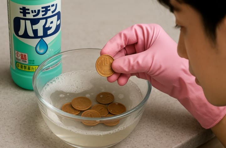 10円玉をキッチンハイターで洗浄する方法