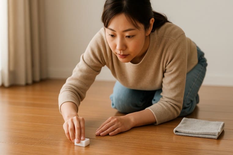 フローリングのベタつきに激落ちくんを活用