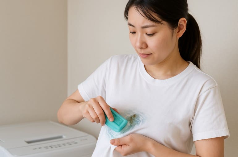 服に付いた油汚れをウタマロで落とす