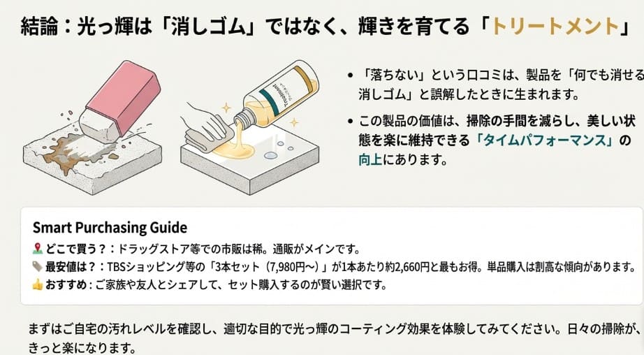 光っ輝は汚れを削り落とすものではなく、輝きを育てて維持するためのトリートメント剤であるという結論と購入ガイド
