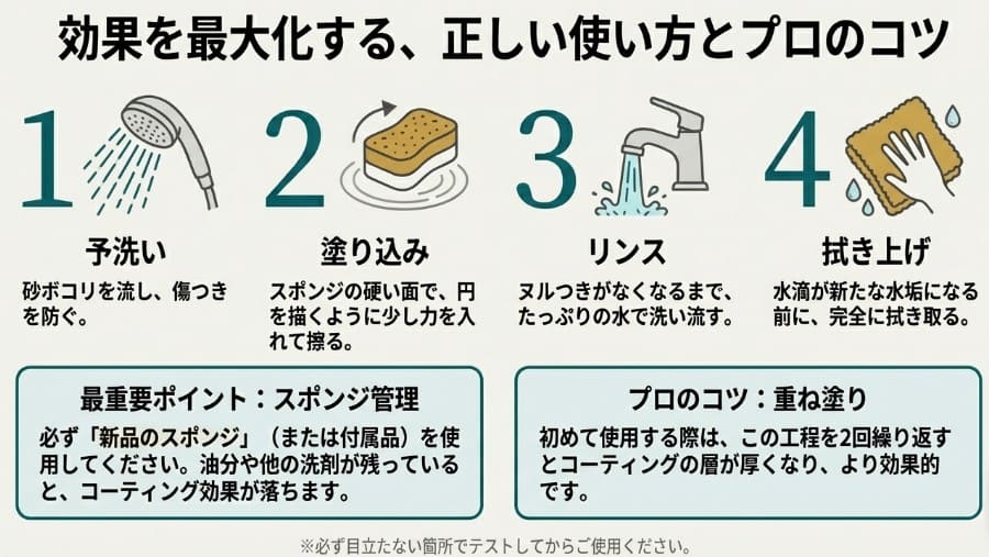 予洗い、塗り込み、リンス、拭き上げの4工程と、新品スポンジを使用する重要性を解説した使用手順ガイド