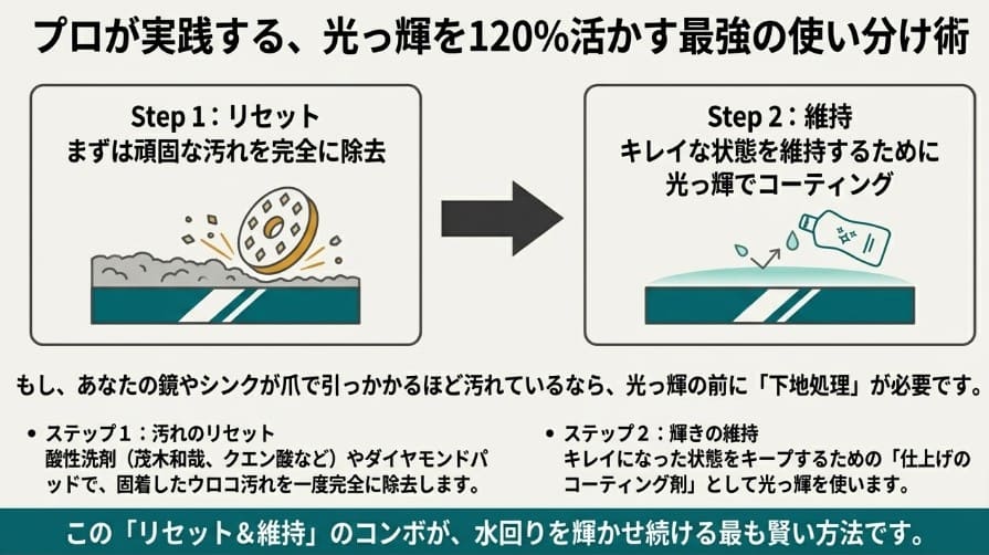 酸性洗剤で水垢を落とすステップ1と、光っ輝でコーティングして輝きを維持するステップ2のプロ推奨の使い分け手順
