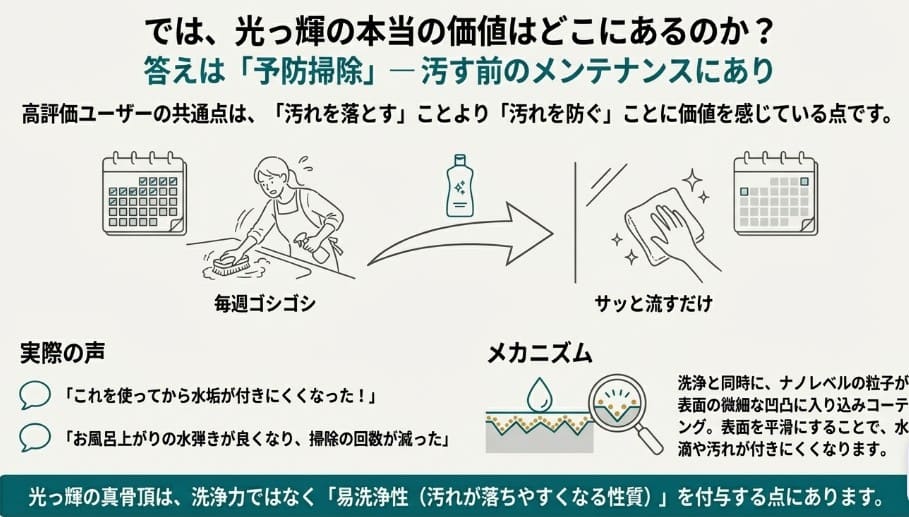 ナノレベルの粒子が表面の凹凸に入り込み、水弾きを良くして汚れの再付着を防ぐ光っ輝のコーティングメカニズム図解