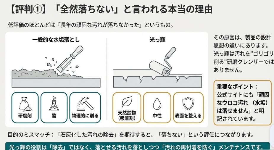 研磨剤と酸で物理的に削る一般的な洗剤と、天然鉱物と中性成分で表面を整える光っ輝の洗浄メカニズムの比較図